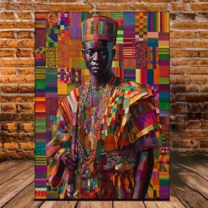 Framed African Kente Cloth Oil Painting