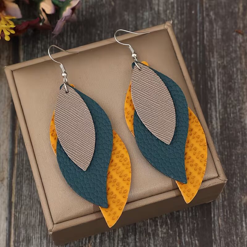 Three-Layer Leaf PU Leather Earrings